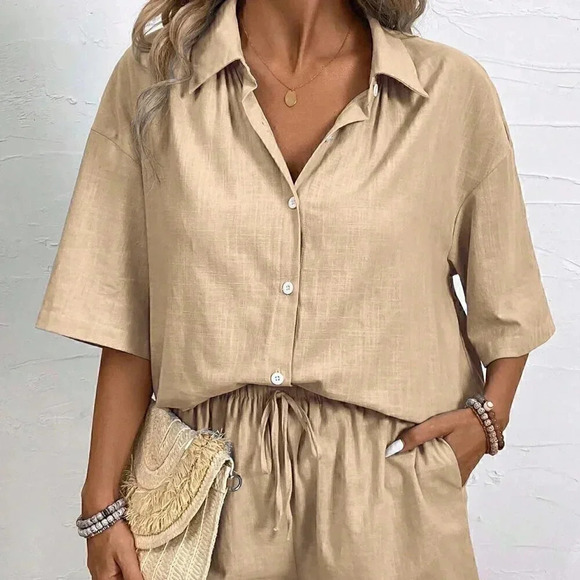 Khaki Casual Women's Solid Button Front Shirt & Drawstring Waist Shorts - Picture 7 of 7